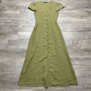 Zara 100% Linen Button Front Down Long Flowing Dress Size XS Green